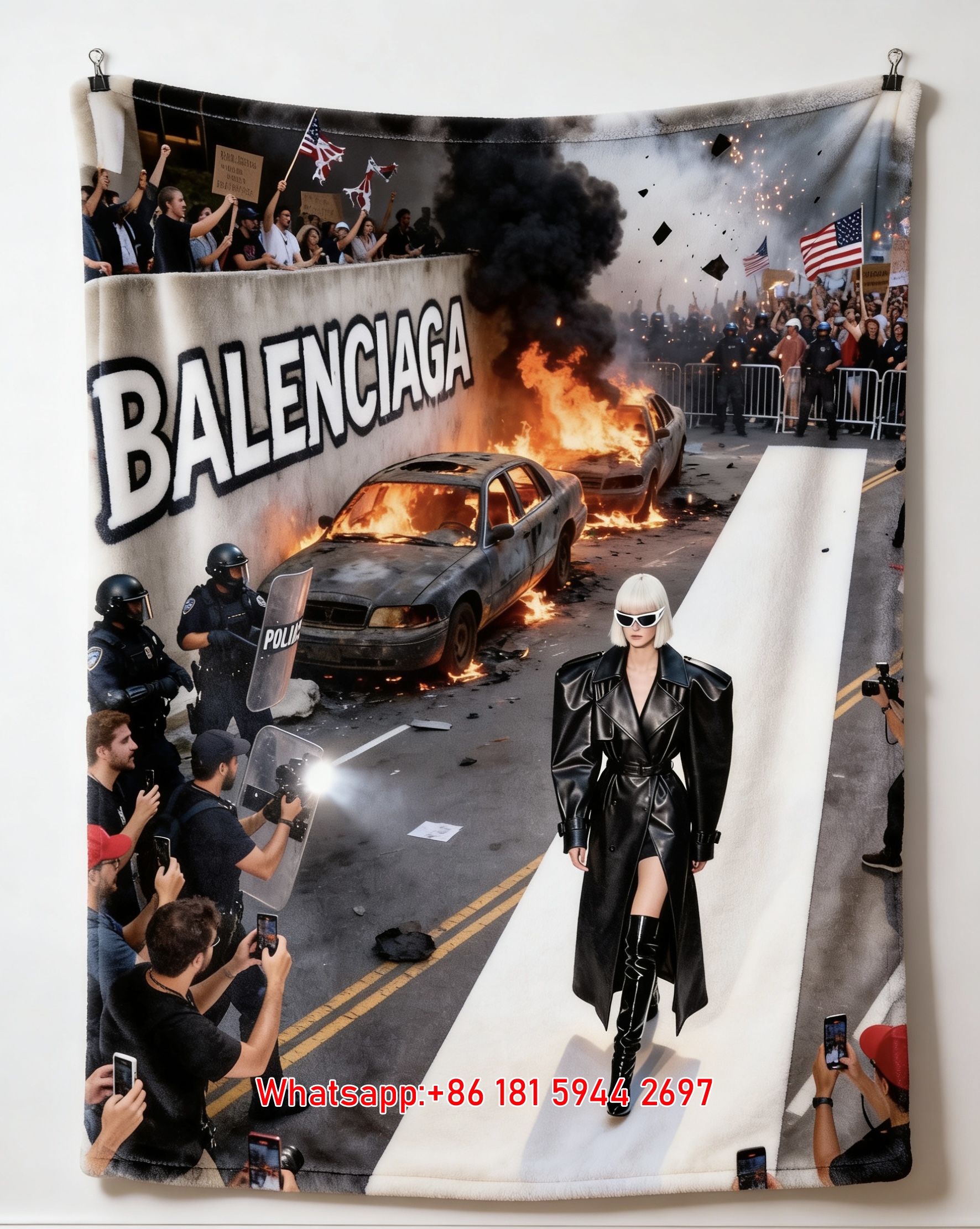 Balenciaga Street Protesting Runway Flannel Sofa Throw Blanket for Wall Hanging BA081